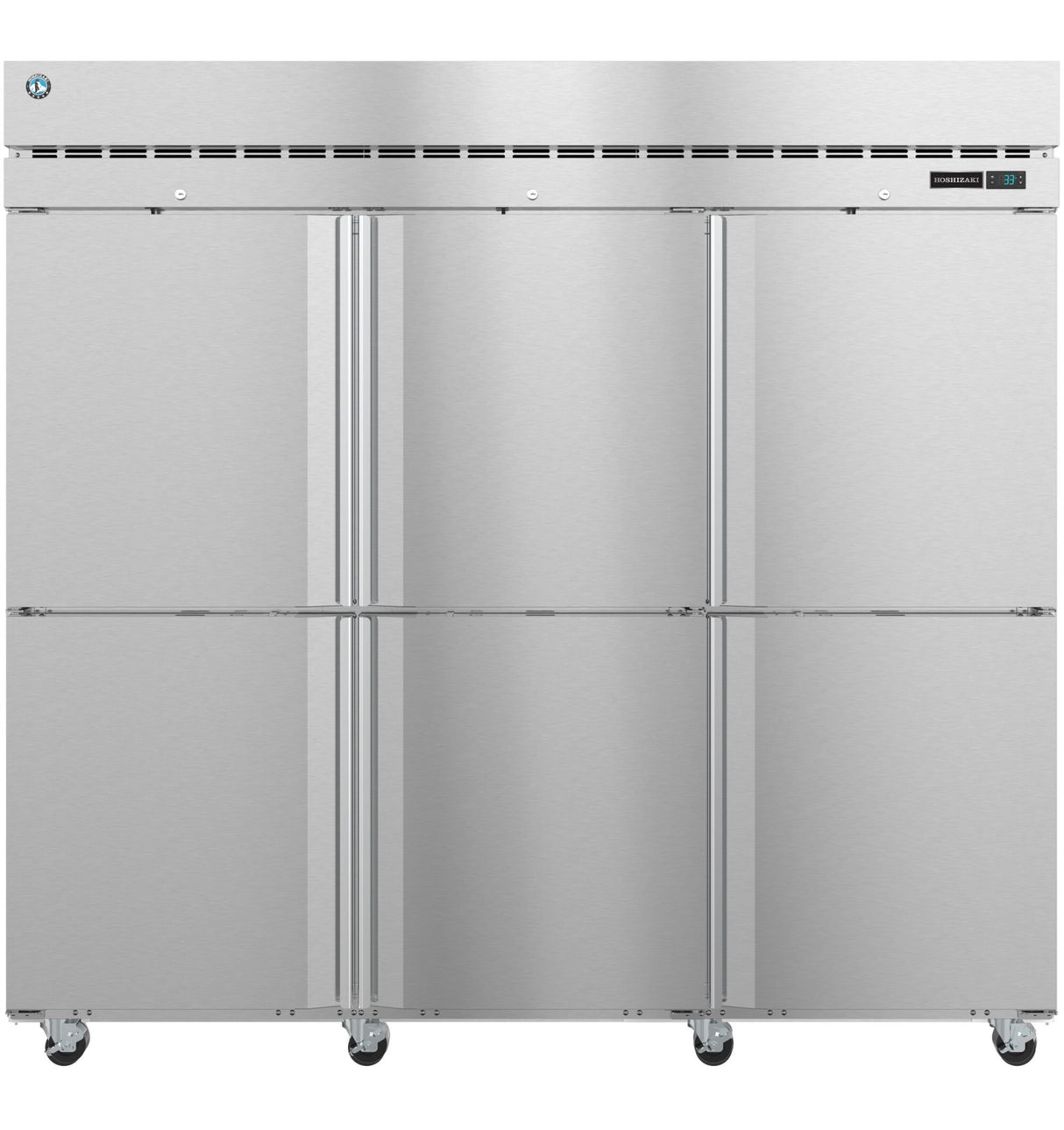 A large, industrial Steelheart Series reach-in refrigerator with six vertical doors, each with a handle. The unit stands on six caster wheels and features a digital control panel on the upper right side. The smooth, reflective surface adds a sleek touch.
