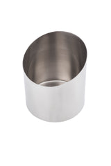 A round, shallow Fry Cup ring mold with smooth, brushed stainless steel sides sits on a white background. Open at the top and bottom, its interior is also visible and the mold is dishwasher safe for easy cleaning.