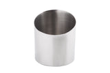 A cylindrical stainless steel Fry Cup with a brushed finish stands upright. The slanted rim creates an oval opening at the top, and the interior has a metallic sheen. This dishwasher safe cup is set against a plain white background.