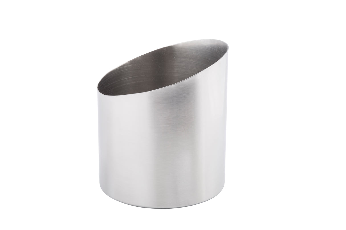 A cylindrical stainless steel container with a brushed finish and smooth, diagonal cut opening forms an oval-shaped top. This simple modern design is dishwasher safe—ideal as a utensil holder, Fry Cup, or wine cooler.