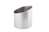 A cylindrical stainless steel container with a brushed finish and smooth, diagonal cut opening forms an oval-shaped top. This simple modern design is dishwasher safe—ideal as a utensil holder, Fry Cup, or wine cooler.