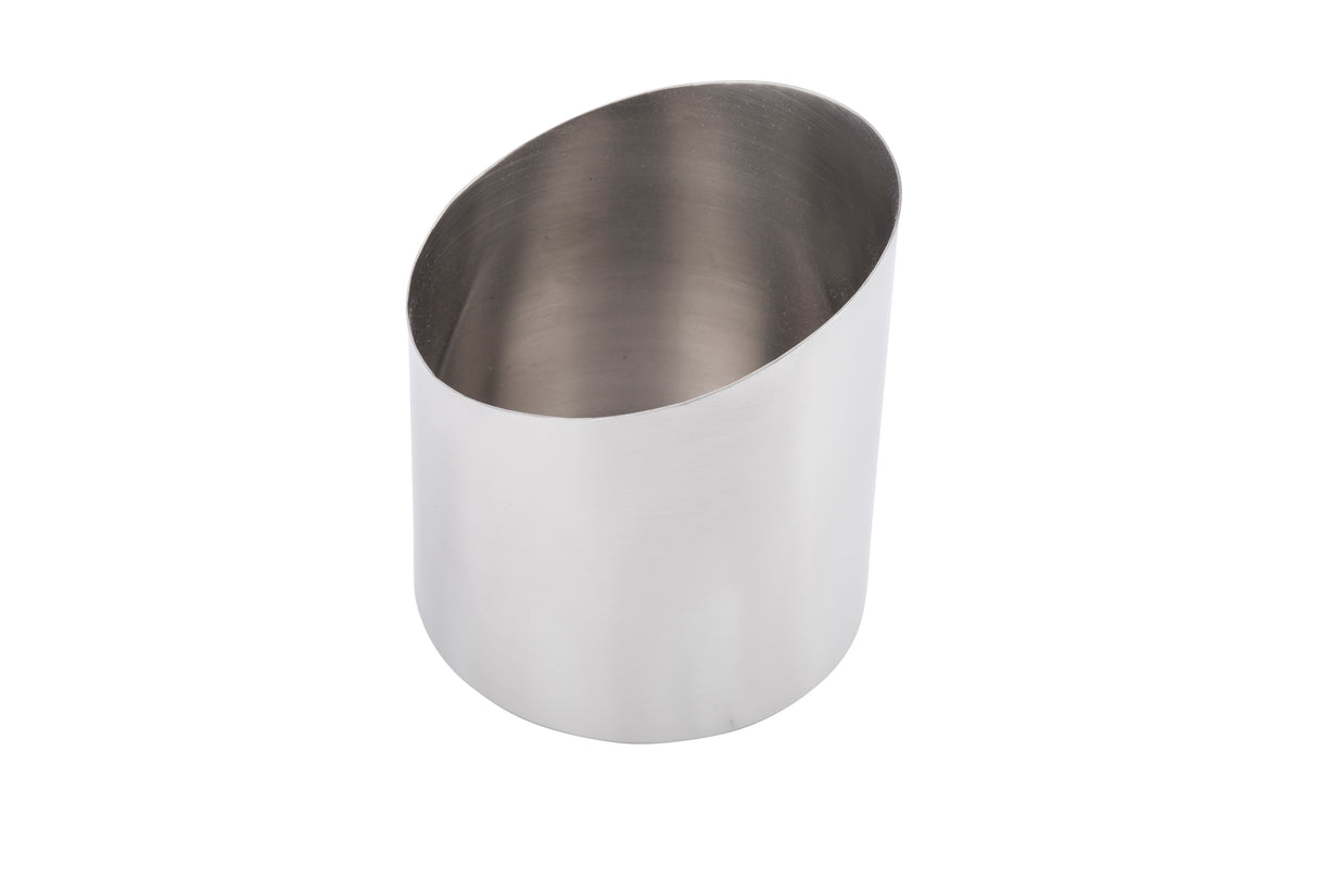 A stainless steel Fry Cup, featuring a diagonal, slanted open top. Its smooth, reflective exterior contrasts with a darker interior. The object is displayed against a white background and is dishwasher safe for easy cleaning.
