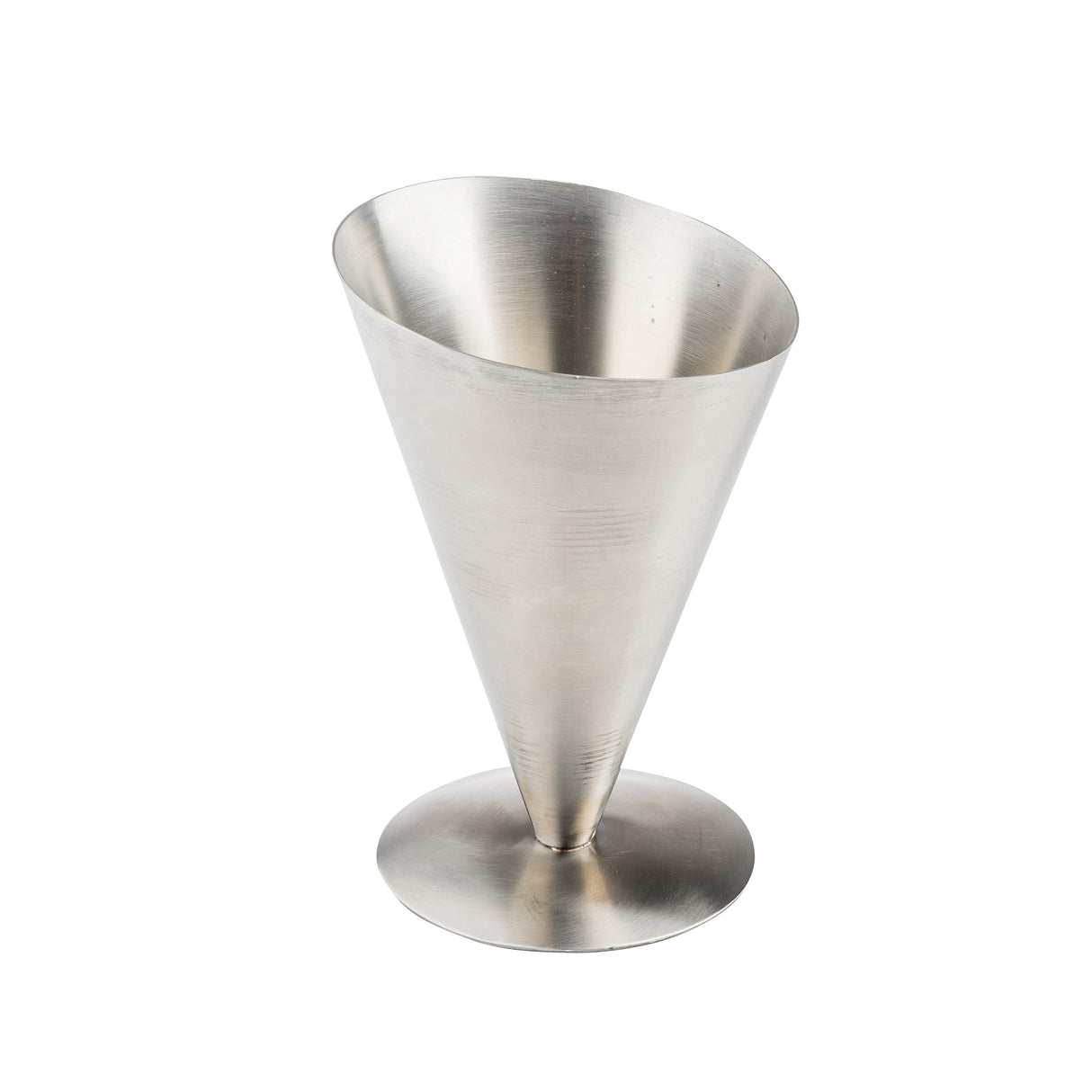 A stainless steel Fry Cone cup with a conical shape, wide at the top and tapering to a narrow point above a flat circular base, is photographed against a plain white background. Dishwasher safe for easy cleaning.
