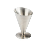A stainless steel Fry Cone cup with a conical shape, wide at the top and tapering to a narrow point above a flat circular base, is photographed against a plain white background. Dishwasher safe for easy cleaning.