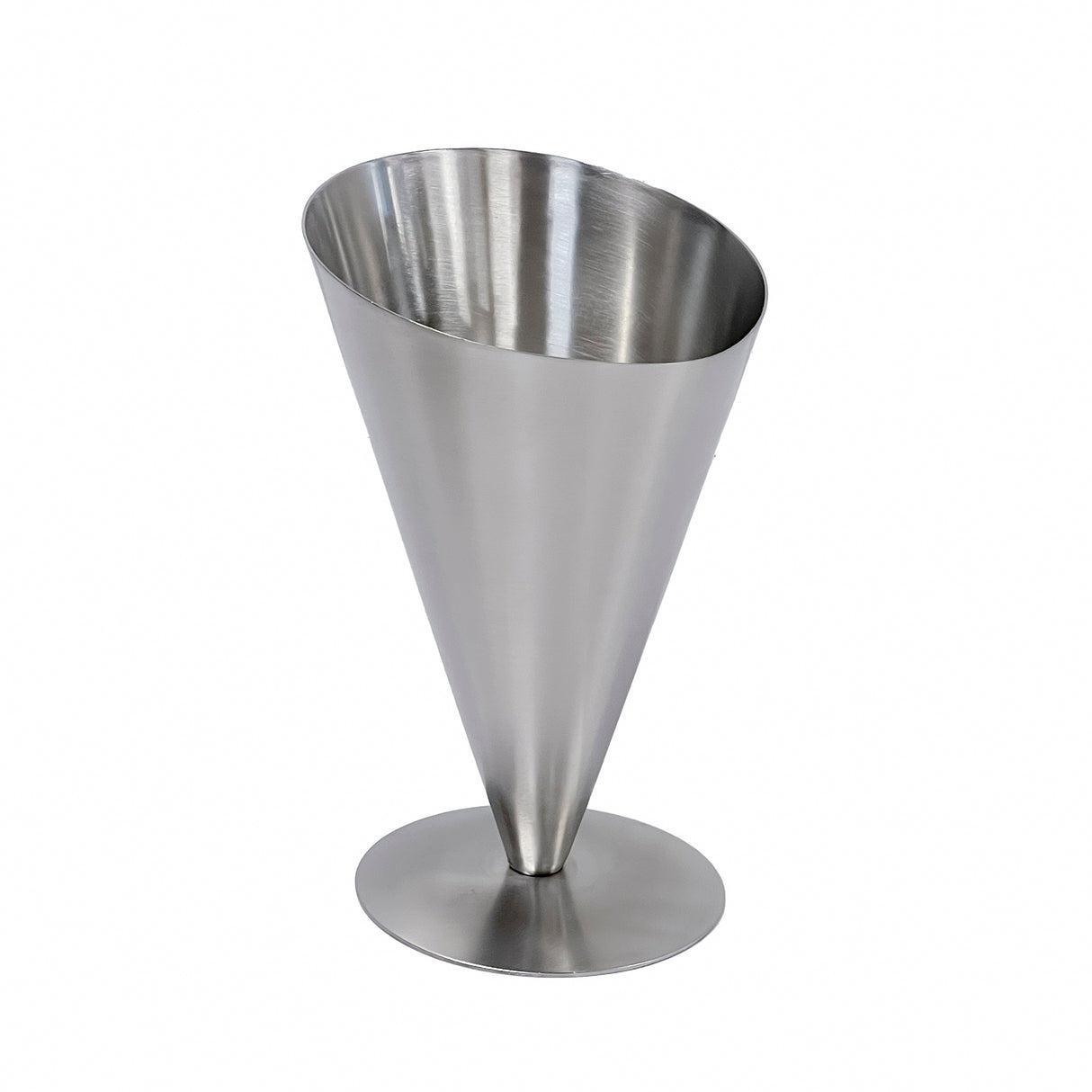 A stainless steel fry cone, featuring a wide circular opening and narrowing to a point on a flat round base, is photographed against a plain white background. This durable cup is also dishwasher safe for easy cleaning.
