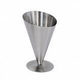 A stainless steel fry cone, featuring a wide circular opening and narrowing to a point on a flat round base, is photographed against a plain white background. This durable cup is also dishwasher safe for easy cleaning.