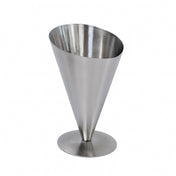 A stainless steel fry cone, featuring a wide circular opening and narrowing to a point on a flat round base, is photographed against a plain white background. This durable cup is also dishwasher safe for easy cleaning.
