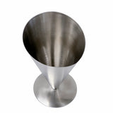 A stainless steel Fry Cone with a wide opening tapers to a narrow base and stands upright on a round flat base. The brushed metal surface has a subtle sheen, and the vessel is photographed against a plain white background. Dishwasher safe.