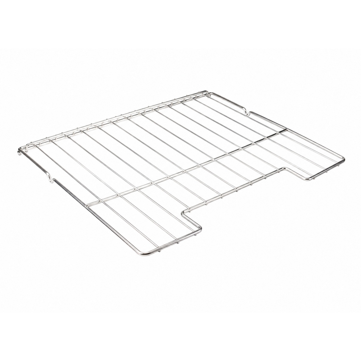 A stainless steel oven rack with parallel horizontal bars and a cutout section at the front center. The rack is made of shiny, silver metal and is photographed on a white background.