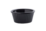 A small, round, black ceramic ramekin with vertical ridges along the sides and a smooth, glossy finish. This dishwasher safe ramekin is empty and displayed on a white background.