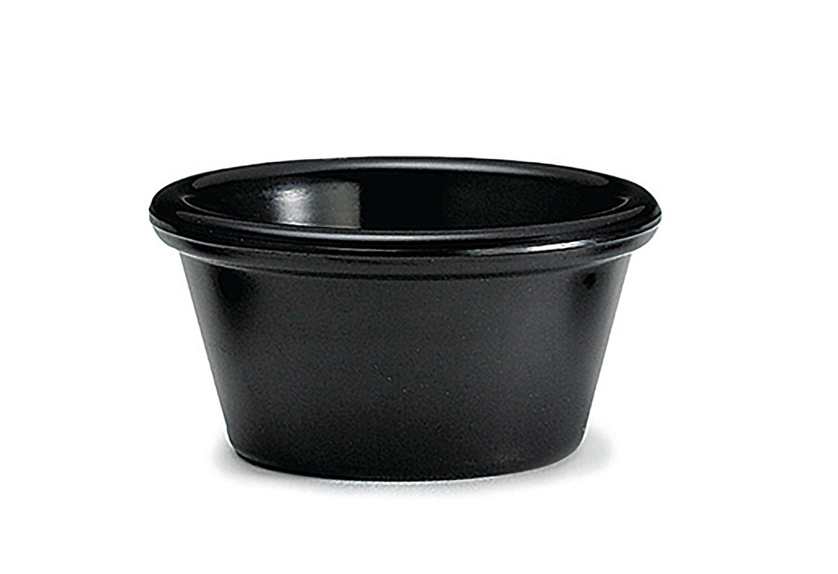 A small, round, black melamine condiment cup with a slightly flared rim and smooth surface, shown on a white background. The cup is empty, dishwasher safe, and typically used as a ramekin for sauces or dips.