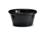 A small, round, black melamine condiment cup with a slightly flared rim and smooth surface, shown on a white background. The cup is empty, dishwasher safe, and typically used as a ramekin for sauces or dips.