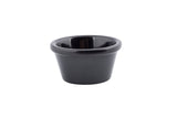 A small, black ramekin with a wide rim and smooth, glossy surface is centered on a white background. This dishwasher safe bowl is empty and simple in design, perfect for serving sauces, dips, or condiments.