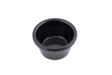 A small, plain, round black 2 oz melamine ramekin with smooth surfaces and a slightly flared rim, shown on a white background. The bowl appears empty and is often used for sauces, condiments, or dips.