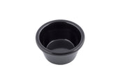 A small, plain, round black 2 oz melamine ramekin with smooth surfaces and a slightly flared rim, shown on a white background. The bowl appears empty and is often used for sauces, condiments, or dips.