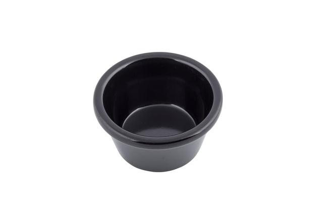 A small, plain, round black 2 oz melamine ramekin with smooth surfaces and a slightly flared rim, shown on a white background. The bowl appears empty and is often used for sauces, condiments, or dips.