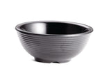 A black ceramic bowl with a glossy interior and matte, ribbed exterior sits on a white background. The simple, round shape resembles a large ramekin and features a small, slightly raised base. This bowl is also dishwasher safe for easy cleaning.