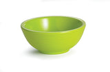 A bright green melamine bowl with a smooth interior and a textured, ridged exterior sits on a white background. This 2 oz ramekin features a wide opening, a short base, and is empty.