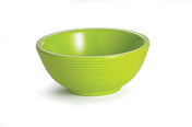 A bright green melamine bowl with a smooth interior and a textured, ridged exterior sits on a white background. This 2 oz ramekin features a wide opening, a short base, and is empty.