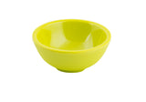 A bright yellow 2 oz ceramic bowl with a glossy finish sits on a white background. The outside features subtle horizontal grooves, while the interior is smooth. This ramekin has a simple, rounded shape with a small base.