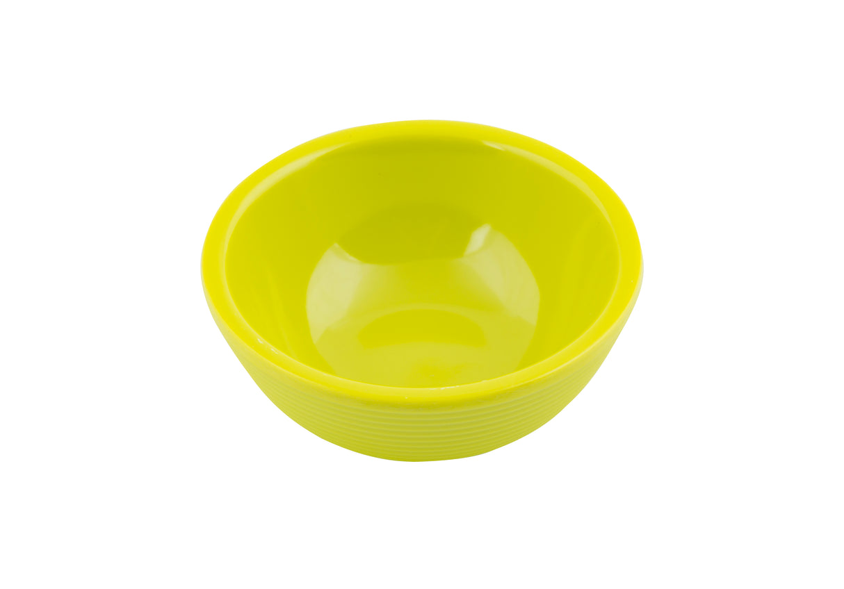 A small, empty, round 2 oz ramekin made of glossy yellow melamine is shown against a plain white background. The bowl has a smooth interior and a slightly textured outer rim.