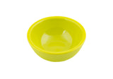 A small, empty, round 2 oz ramekin made of glossy yellow melamine is shown against a plain white background. The bowl has a smooth interior and a slightly textured outer rim.