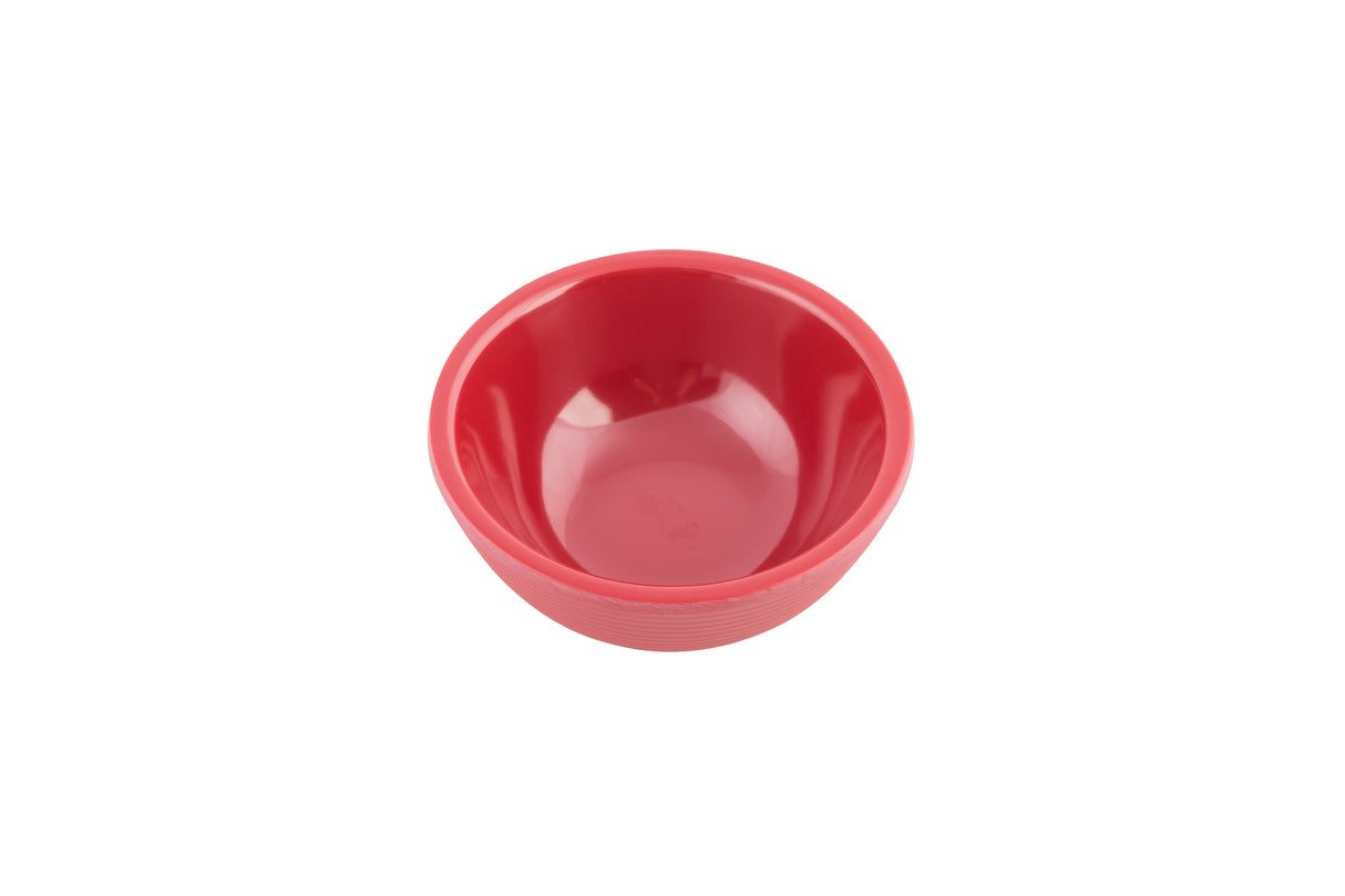 A small, round, empty red melamine ramekin is shown against a plain white background. The 2 oz bowl has a smooth, glossy finish and a simple design with slightly flared sides.