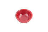A small, round, empty red melamine ramekin is shown against a plain white background. The 2 oz bowl has a smooth, glossy finish and a simple design with slightly flared sides.