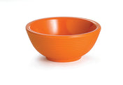 A bright orange, round melamine bowl with a smooth interior and subtly ribbed exterior sits on a white background. Reminiscent of a ramekin, it features a wide opening and tapers to a narrower, flat base.