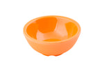 A small, round, orange ramekin made of melamine with a smooth, glossy interior and a slightly ribbed, matte exterior. This 2 oz bowl is empty and placed against a plain white background.