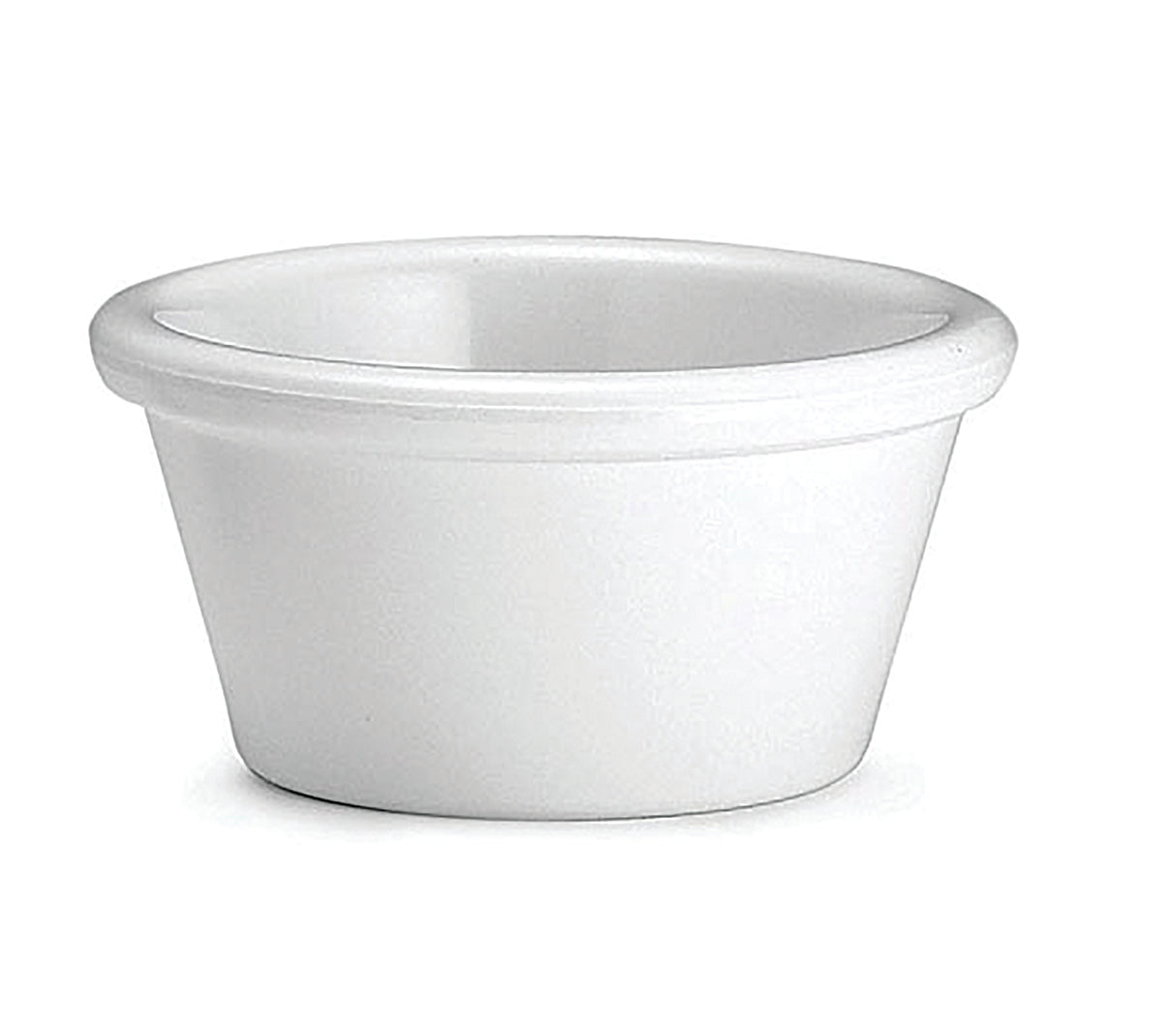 A small, white, round ceramic ramekin with smooth sides and a slightly flared rim is shown on a plain white background. The ramekin is dishwasher safe and ideal for baking or serving individual portions.