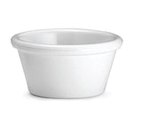 A small, white, round ceramic ramekin with smooth sides and a slightly flared rim is shown on a plain white background. The ramekin is dishwasher safe and ideal for baking or serving individual portions.
