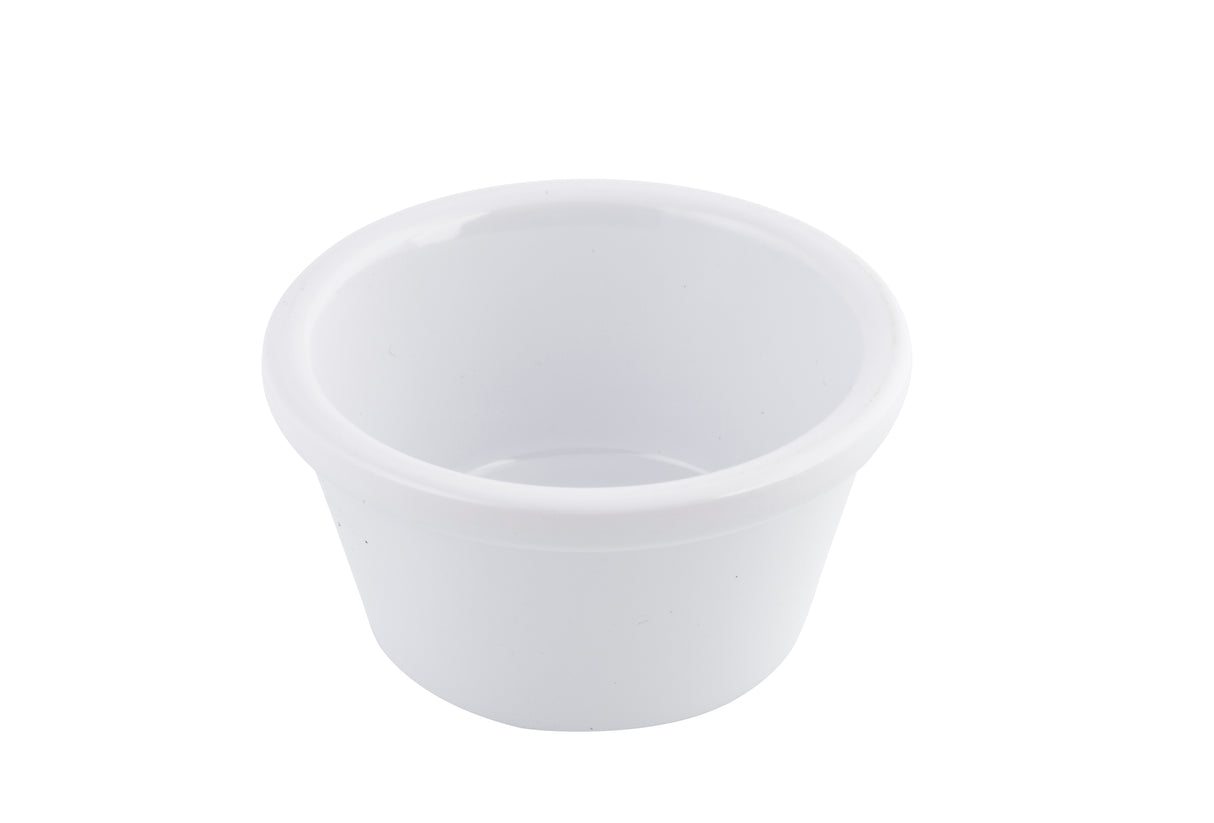 A small, plain white melamine cup or condiment ramekin is shown against a white background. The cup is empty, round, and has a smooth rim and sides, with no markings or designs. It is durable and dishwasher safe.