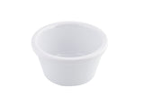 A small, plain white melamine cup or condiment ramekin is shown against a white background. The cup is empty, round, and has a smooth rim and sides, with no markings or designs. It is durable and dishwasher safe.