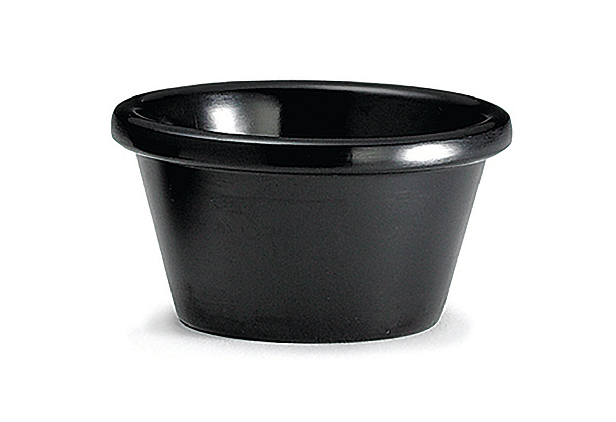 A small, round, black melamine ramekin with a slightly flared rim, pictured empty against a plain white background. This 3 oz cup is ideal for serving condiments like ketchup or salad dressing.