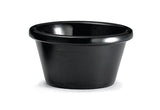 A small, round, black melamine ramekin with a slightly flared rim, pictured empty against a plain white background. This 3 oz cup is ideal for serving condiments like ketchup or salad dressing.