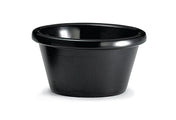 A small, round, black melamine ramekin with a slightly flared rim, pictured empty against a plain white background. This 3 oz cup is ideal for serving condiments like ketchup or salad dressing.