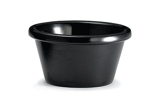 A small, round, black melamine ramekin with a slightly flared rim, pictured empty against a plain white background. This 3 oz cup is ideal for serving condiments like ketchup or salad dressing.