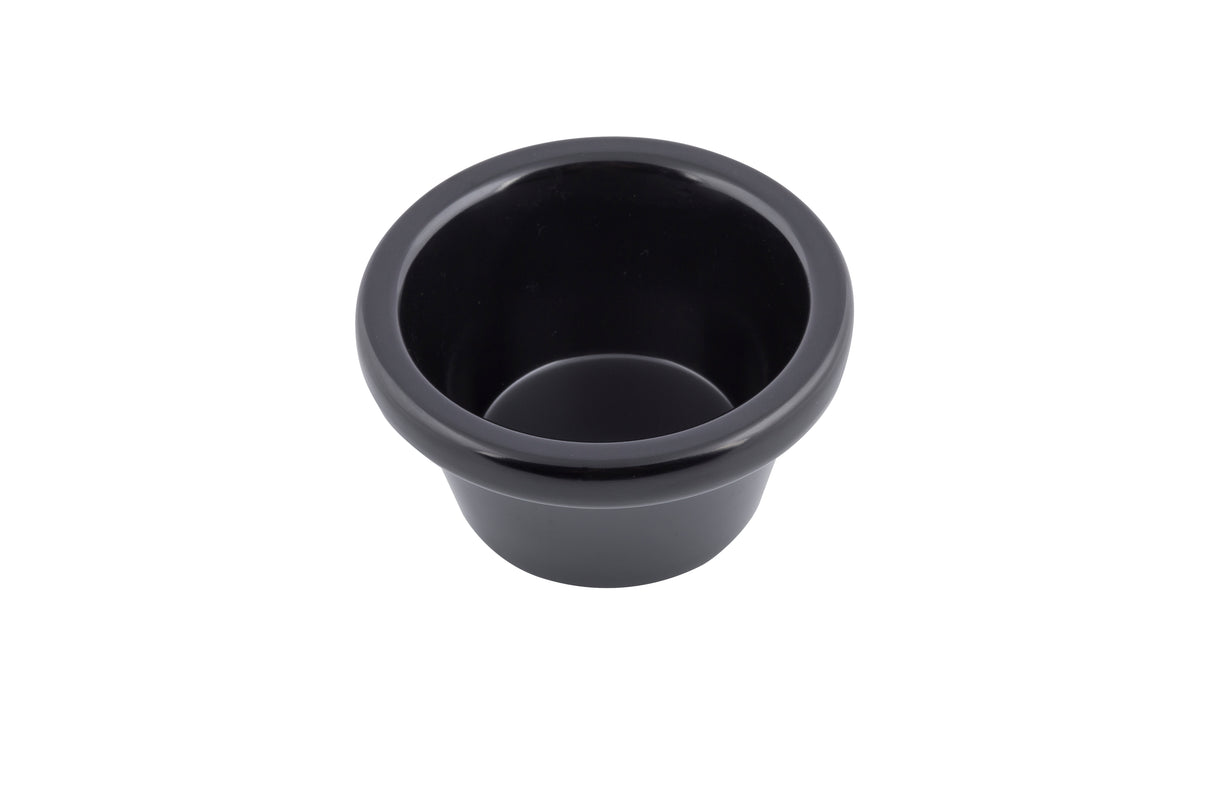 A small, round, black melamine sauce cup with smooth sides and a wide rim, shown on a white background. This 3 oz ramekin is empty and viewed from slightly above, displaying its depth and simple design.