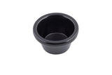 A small, round, black melamine sauce cup with smooth sides and a wide rim, shown on a white background. This 3 oz ramekin is empty and viewed from slightly above, displaying its depth and simple design.