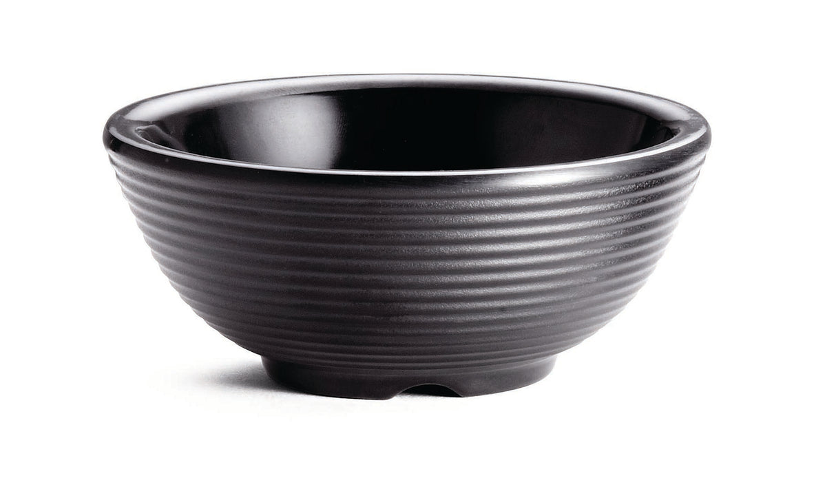 A black, round ceramic ramekin with horizontal ridges around the outside, placed on a white background. The bowl features a slightly glossy finish and a small, circular base.