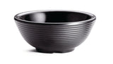 A black, round ceramic ramekin with horizontal ridges around the outside, placed on a white background. The bowl features a slightly glossy finish and a small, circular base.