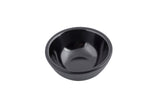 A small, round, black ceramic ramekin with a smooth, glossy interior and subtly textured exterior, shown on a white background. The bowl is empty and its simple, minimalist design is clearly visible.