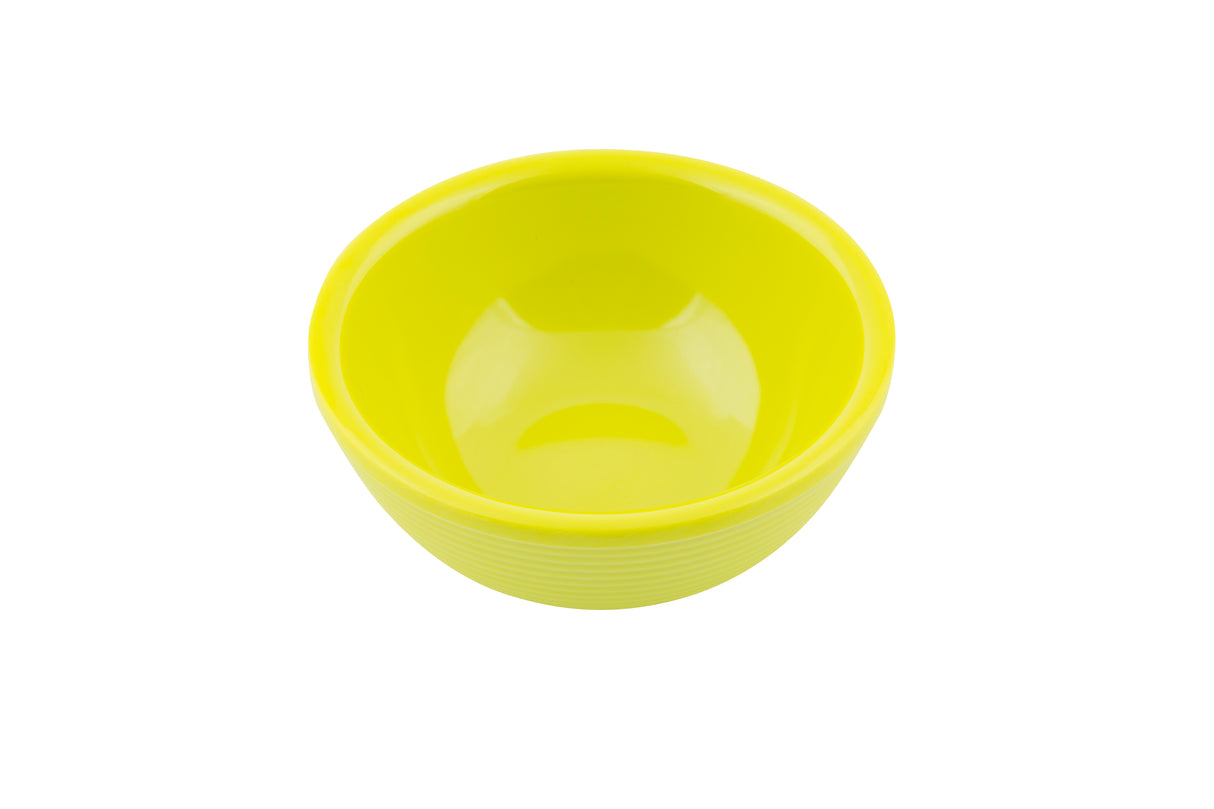 A bright yellow, round, empty melamine bowl with a glossy finish is centered on a plain white background. The 3 oz bowl has slightly ridged sides and a smooth, curved rim.