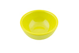 A bright yellow, round, empty melamine bowl with a glossy finish is centered on a plain white background. The 3 oz bowl has slightly ridged sides and a smooth, curved rim.