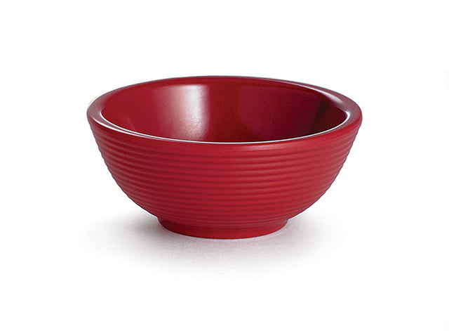 A red TableCraft ramekin with a smooth, glossy melamine interior and a textured, ribbed exterior sits on a white surface. The bowl has a simple, round shape and is empty, with light reflecting off its inner surface.