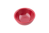 A small, round, red melamine ramekin with smooth sides and a glossy finish, viewed from above at a slight angle, placed on a plain white background.
