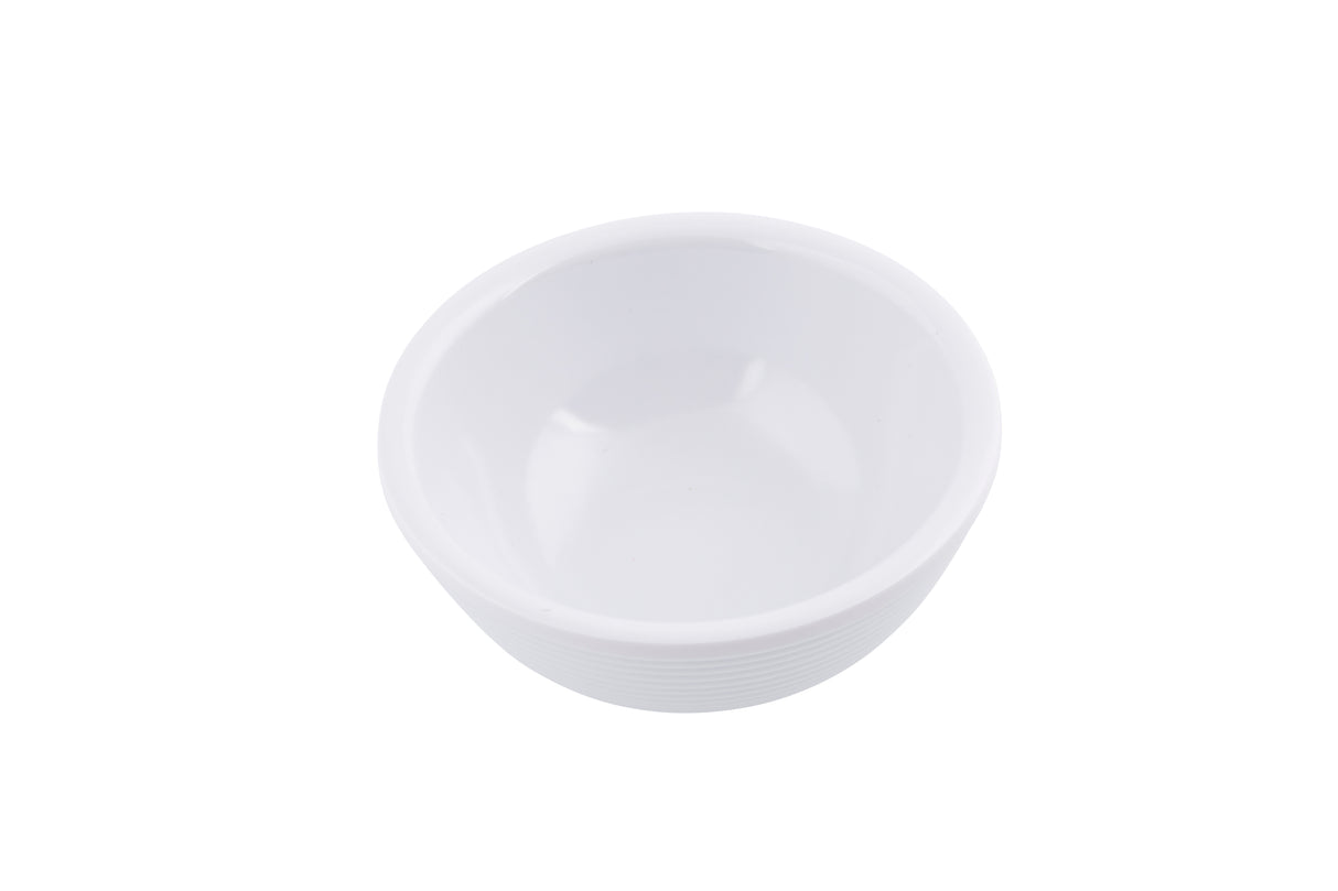 A small, round, white SaferFoods Solutions Ramekin with smooth sides and a simple design sits empty on a plain white background. The bowl is viewed from slightly above, highlighting its clean, minimalist appearance.
