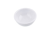 A small, round, white SaferFoods Solutions Ramekin with smooth sides and a simple design sits empty on a plain white background. The bowl is viewed from slightly above, highlighting its clean, minimalist appearance.