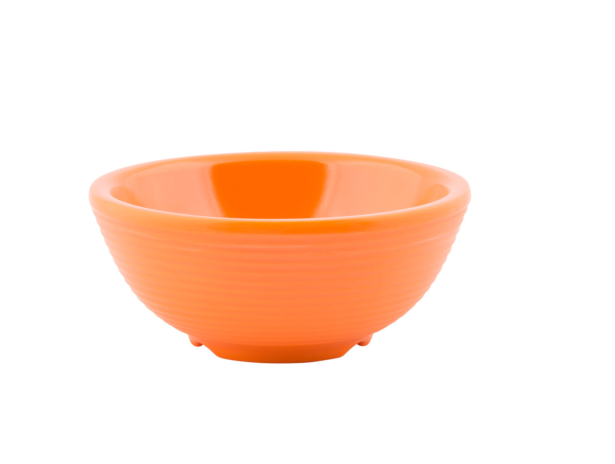 A small, round, orange ceramic ramekin with a smooth interior and ribbed exterior sits on a white background. The bowl features a slightly flared rim and a simple, minimalist design. Dishwasher safe for easy cleaning.